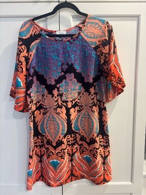 Vibrant Coral & Teal Mini Dress - Silkblend Pattern